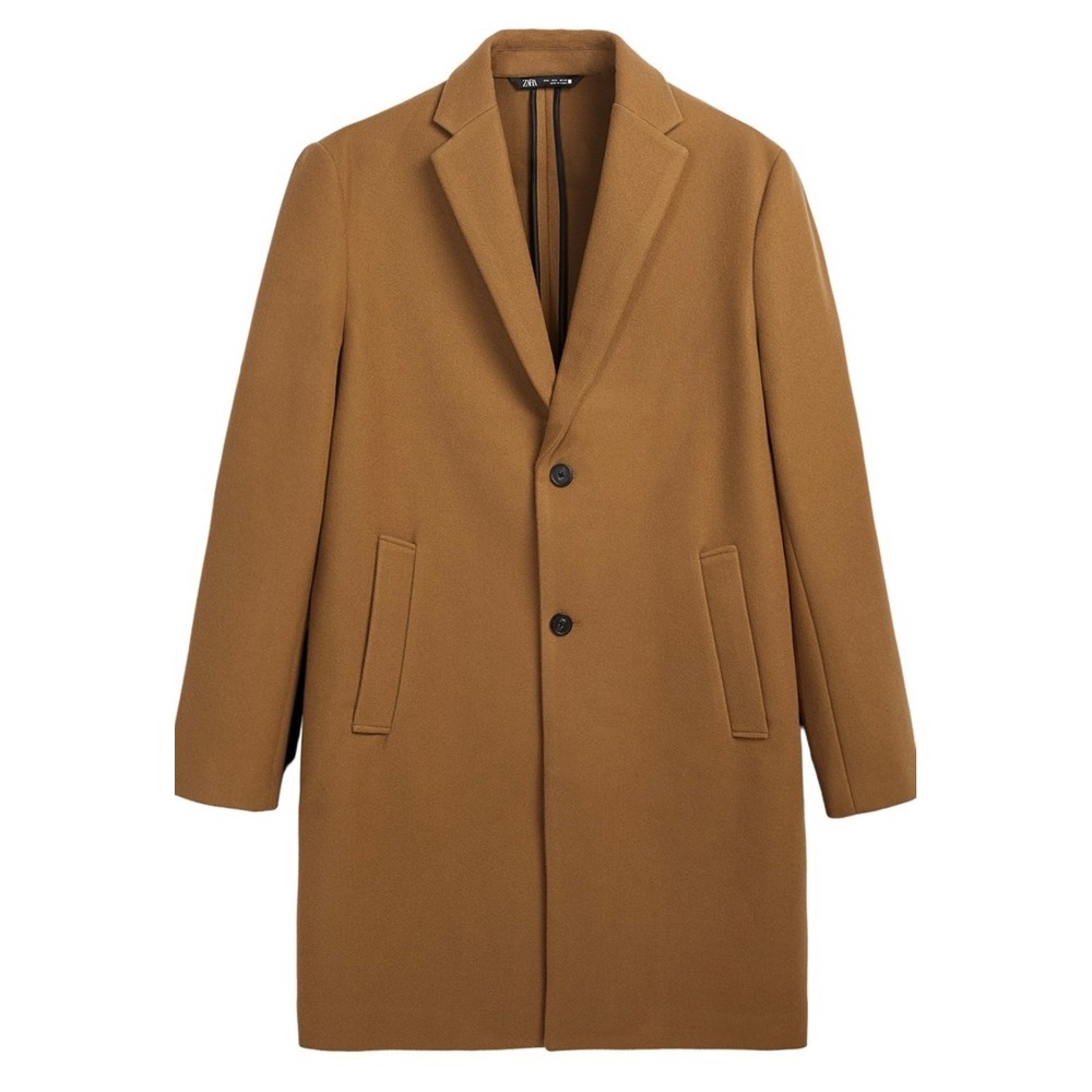 Zara Women's Large Long Line‎ Coat Pointed Lapel Taupe Brown Buttons Academia